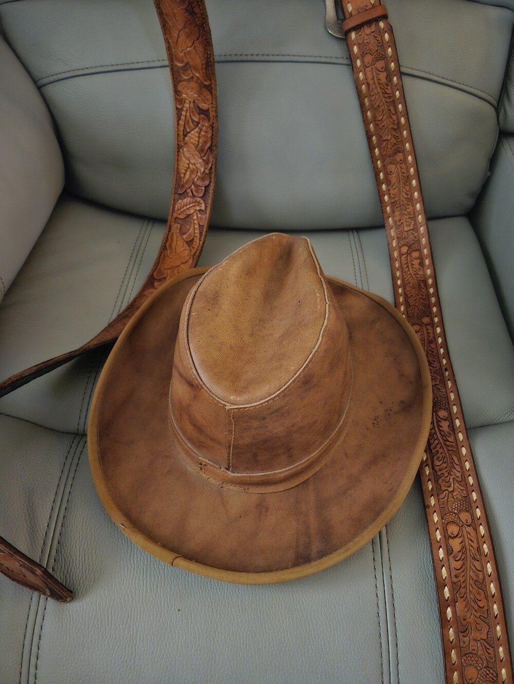 Brown Leather Rancher Hat with Tooled Leather Straps Plus 2 Belts